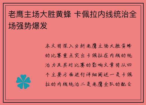 老鹰主场大胜黄蜂 卡佩拉内线统治全场强势爆发