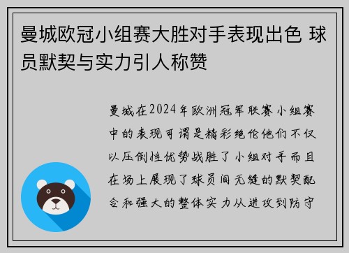 曼城欧冠小组赛大胜对手表现出色 球员默契与实力引人称赞