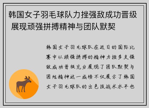 韩国女子羽毛球队力挫强敌成功晋级 展现顽强拼搏精神与团队默契