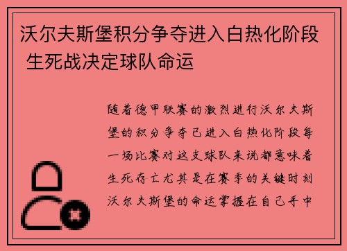 沃尔夫斯堡积分争夺进入白热化阶段 生死战决定球队命运