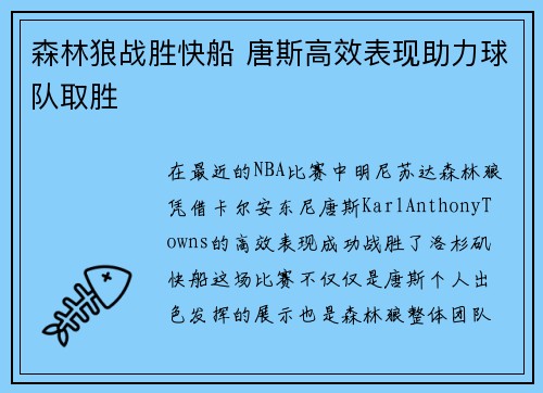 森林狼战胜快船 唐斯高效表现助力球队取胜