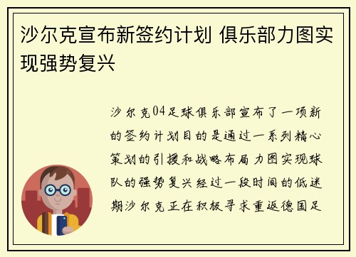 沙尔克宣布新签约计划 俱乐部力图实现强势复兴