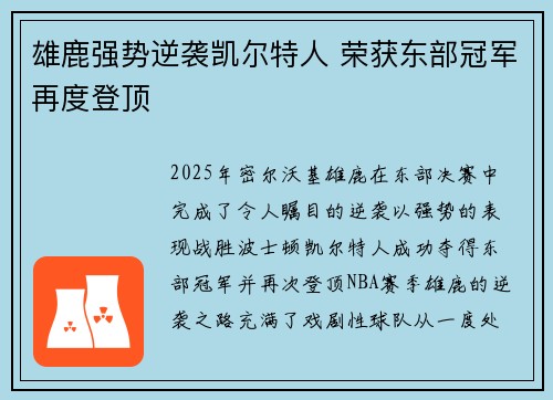 雄鹿强势逆袭凯尔特人 荣获东部冠军再度登顶