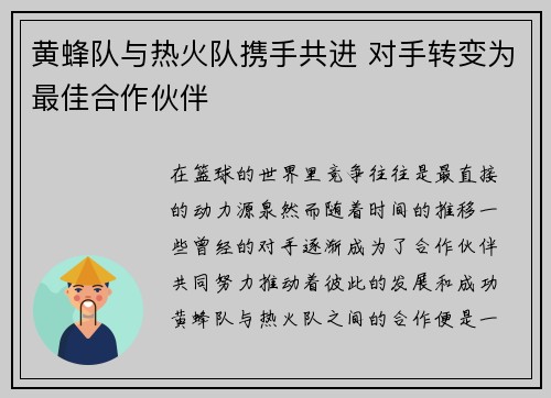 黄蜂队与热火队携手共进 对手转变为最佳合作伙伴
